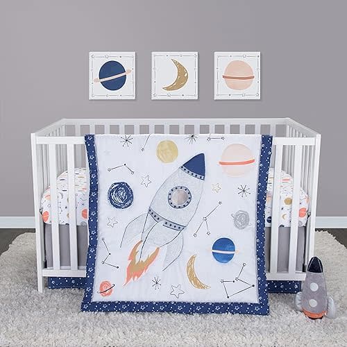 Sammy & Lou Cosmic Rocket 4-Piece Baby Nursery Crib Bedding Set for Boys, Includes Quilt, Fitted Crib Sheet, Crib Skirt, and Plush Toy