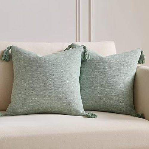 Meekio Set of 2 Pale Sage Pillow Covers 18 x 18 inches Neutral Pillow Covers Textured Throw Pillow Covers with Tassels for Neutral Home Decor
