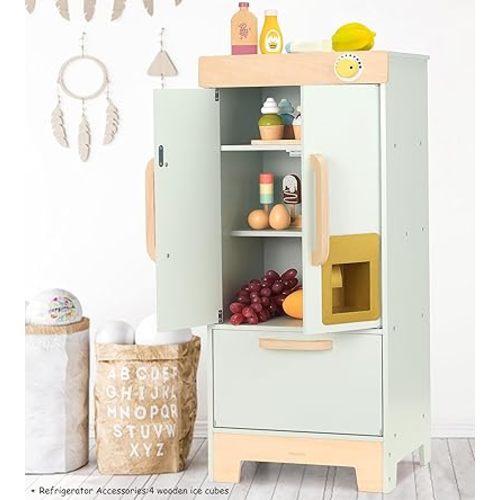 Wooden Play Refrigerator with Ice Maker – Mint Green Kids Fridge Toy, 4 Wooden Ice Cubes & Cup, Quiet Click Handle, Montessori Pretend Play for Toddlers 3+