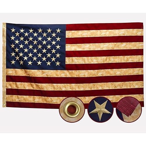 Tea-Stained Vintage Style American Flag 3x5 Ft Deluxe Water Resistant Series Made From Heavy Duty Super Tough Spun Polyester/Embroidered Stars/Sewn Stripes/Brass Grommets,US Flags Perfect for Outside