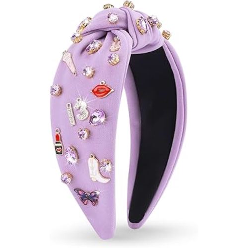Music Jeweled Knotted Headband for Women, Guitar Red Lip Microphone Rhinestone Crystal Embellished Top Knot Hairband, Fashionable Hair Accessories for Singer Fans Birthday Concert Gift (Purple)