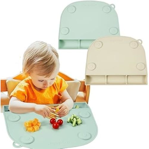 PandaEar 2 Pack Silicone Suction Placemats for Baby Kids, Food Grade Mats Toddler Placemats with Food Catching Pockets for Dining Table & Restaurants -Green/Light Tan