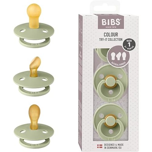 BIBS Pacifiers 0-6 Months | 3-Pack Soothers | BPA-Free Symmetrical Nipple | Made in Denmark | Ivory Try-It Collection (Sage)