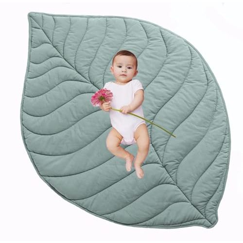 UNIWO Baby Play Mat, 56"X 42"Inch Large & Thick Reversible Folding Floor Cotton Mat, Leaf Shapes Floor Playpen Mat for Girls and Boys, Baby Soft Crawling Playmat. BPA-Free, Non-Toxic.