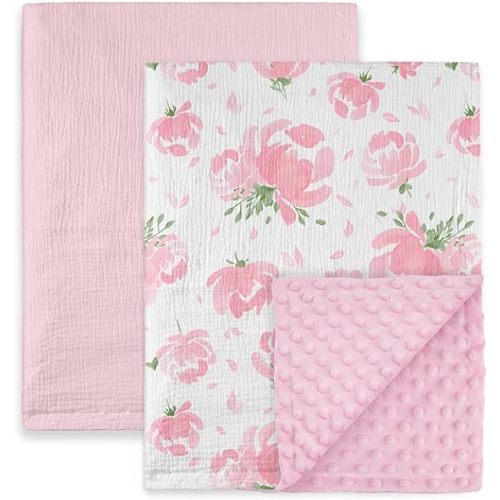 GLLQUEN BABY Blankets for Unisex Boys Girls, 2-Pack Muslin Cotton Front Soft and Breathable,and Dotted Fleece Backing, Printed Bed Nursery Minky Blankets for Toddler Newborn, 30 x40 inches