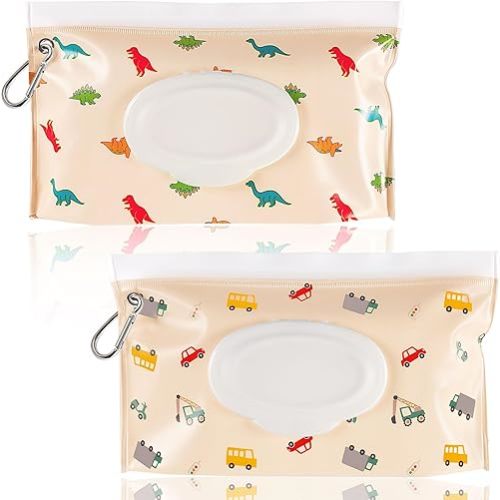 FEBSNOW 2 Pack Baby Wipes Dispenser, Portable Refillable Wipe Holder Baby Wipes Container Travel Wipes Case Reusable Wet Wipes Pouch (Dinosaur, Car)