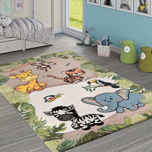 Paco Home Nursery Rug for Kids - Jungle Animals Giraffe Lion Monkey in Beige, Size:4'7" x 6'7"