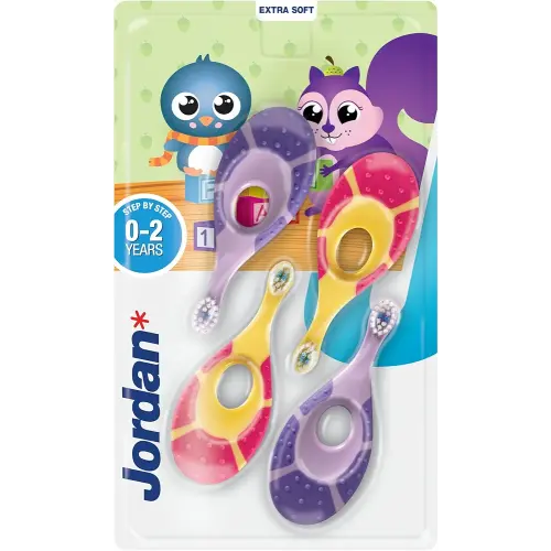 Jordan* ® | Step 1 Baby Toothbrush | 0-2 Years, Soft Bristles, BPA Free | Pink & Purple | 4 Pack