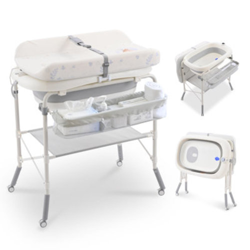 2-in-1 Baby Bathtub With Changing Table, Foldable Diaper Changing Station With 4 Wheels, Waterproof Pad, Storage Rack And Baby Bath Tub, Adjustable Height Portable Nursery Organizer For Newborn Infant | Wayfair