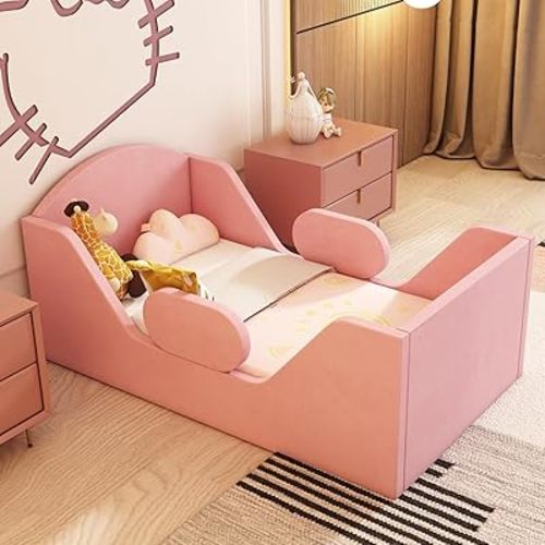 Toddler Bed Round, Toddler Bed with Rail and Round headboard, Standard Crib Size Toddler Upholstered Bed for Children 18 Months to 6 Years,Toddler Floor Bed (No Mattress) (Pink)