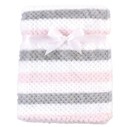 Hudson Baby Infant Girl Plush Waffle Blanket, Pink Gray Stripe, One Size