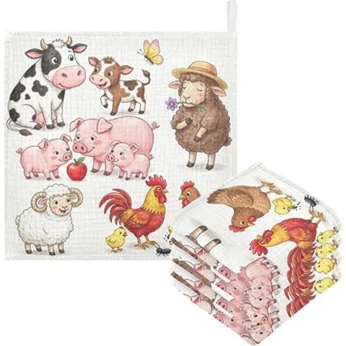 Cow Pig Sheep Chick Baby Muslin Washcloths Farmhouse Animals Burp Cloths Soft Absorbent Baby Wash Cloth Fingertip Face Towels for Newborn Boys Girls 12 x 12 in, 5 Pack