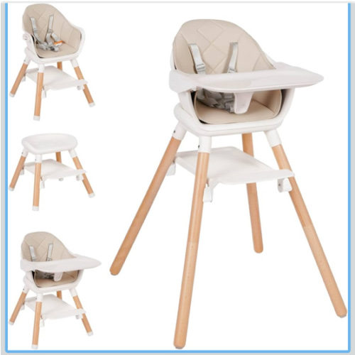 High Chair, 6 in 1 Wooden Convertible High Chairs for Babies and Toddlers, Booster Seat with Double Tray & Reversible Footrest Baby Highchair, 5-Point Harness Baby Feeding Chair, Beige