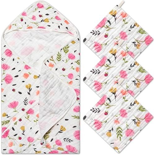 Zainpe 4Pcs Muslin Baby Hooded Towel & Washcloth Set Pink Flowers Pattern Soft Absorbent Cotton Bath Hood Towels for Newborn Toddlers Essentials Boys Girls Infant Shower Gift 31.5 x 31.5 in