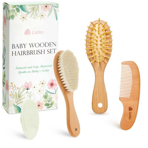 Lictin Baby Hair Brush and Comb Set, Wooden Baby Grooming Kit, Goat Bristles, 4Pcs