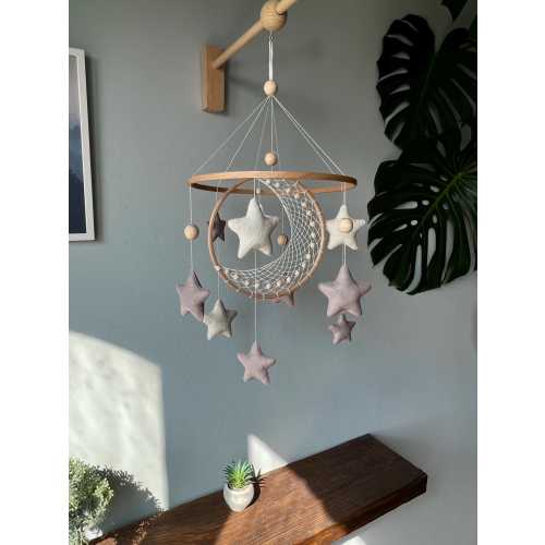 Moon and star crib mobile, Macrame baby mobile, Nuetral baby mobile, Moon baby mobile, Star mobile, Handing Mobile Felt, Mobile nursery,