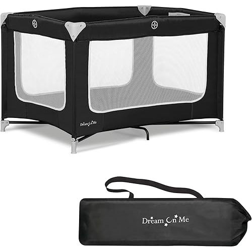 Dream On Me Zodiak Portable Playard in Black, Lightweight, Packable and Easy Setup Baby Playard, Breathable Mesh Sides and Soft Fabric - Comes with a Removable Padded Mat