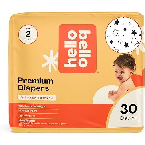 Hello Bello Diapers, Size 2 (10-16 lbs) Superstars, 30 Count of Premium Disposable Baby Diapers, Hypoallergenic with Soft, Cloth-Like Feel
