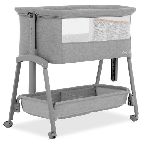 Dream On Me Calypso Portable Bassinet with Wheels in Grey, Quick & Easy Folding, Seven Adjustable Height, Machine Washable Fabric, Portable and Packable Bedside Bassinet