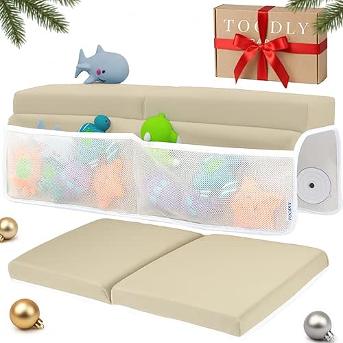 Comfortable Baby Bath Kneeler and Elbow Rest Pad Set – Thick Memory Foam Bath Kneeling Pad with Elbow Support – Baby Bathtub Cushion with Toy Organizer for Bathing Infant or Toddler - Beige