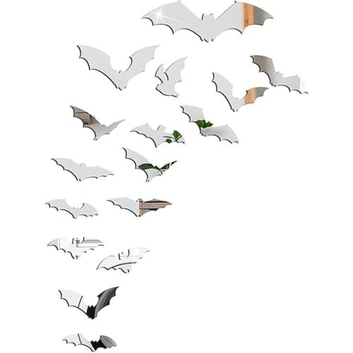 CREATCABIN Halloween Bats Acrylic Mirror Sticker Wall Decal Decoration Removable Self-Adhesive Waterproof for Holiday Party Supplies Home Window Decor 3D DIY (Style 10, 16pcs), Silver