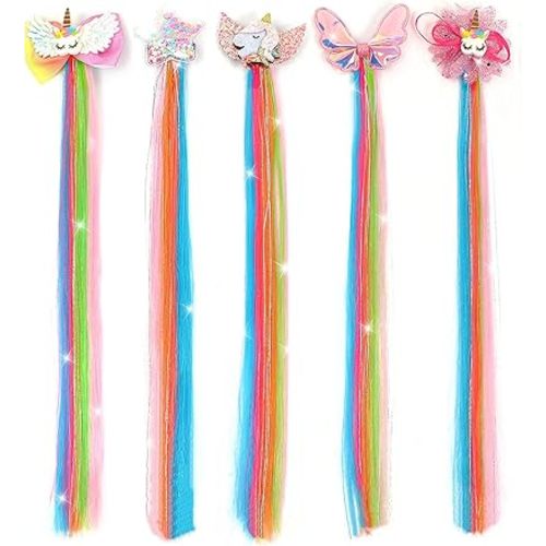 5 Pcs Rainbow Unicorn Hair Extensions For Kids,Hair Bows For Girls,Hair Clips For Little Girls,Hair Accessories