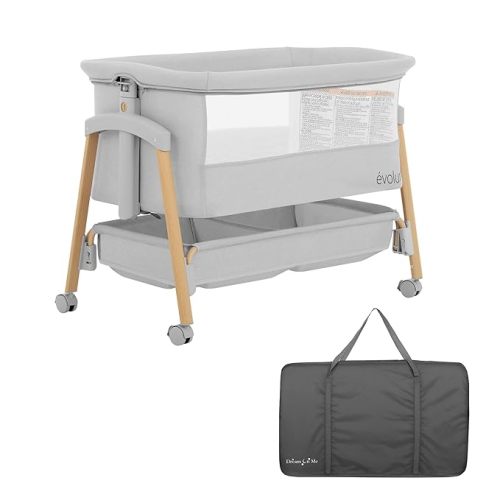 Evolur Lullaby Portable Bassinet with Wheels, Adjustable Bedside Sleeper, Breathable Mesh Sides, Large Storage Basket, Easy Fold, and Travel Bag Included, Perfect for Newborns & Infants - Biege