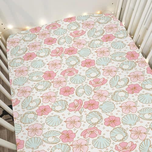 Boho Summer Mermaids Floral Baby Crib Sheets for Boy Girl 52"x28" Beach Seashells Conch Tropical Flowers Soft Snug Fitted Crib Mattress Cover Ocean Marine Baby Sheet for Crib & Toddler Bed Mattress