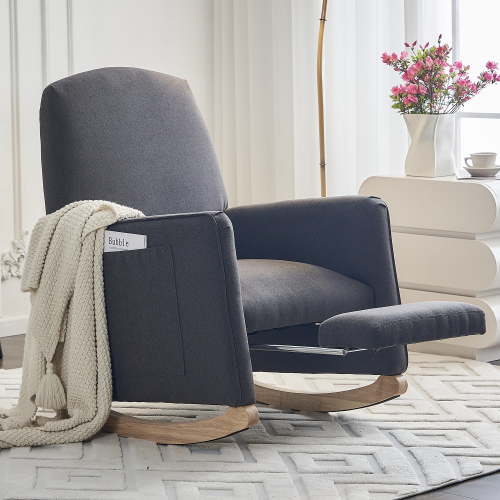 Jopath Nursery Rocking Chair,Cotton Linen Upholstered Rocking Chair with Adjustable Footrest,Glider Rocker Chair with High Backrest for Living Room,Bedroom,Dark Gray
