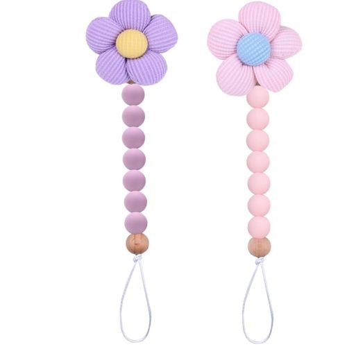 2pcs Flower Pacifier Clip, Silicone Bead Pacifier Clip for Baby Girls Pink Purple Color Daisy Birthday Christmas Gift(B)