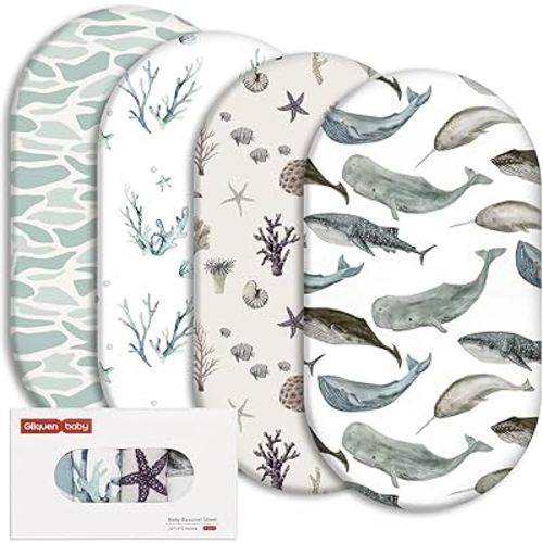 Gllquen Baby Bassinet Sheets 4 Pack, Breathable Cozy Fitted Mattress Sheet, Elastic Travel Crib Fashionable Floral Pattern, Standard Cradle Safe Sheets for Baby Boy Girls 32"X16" (Marine)