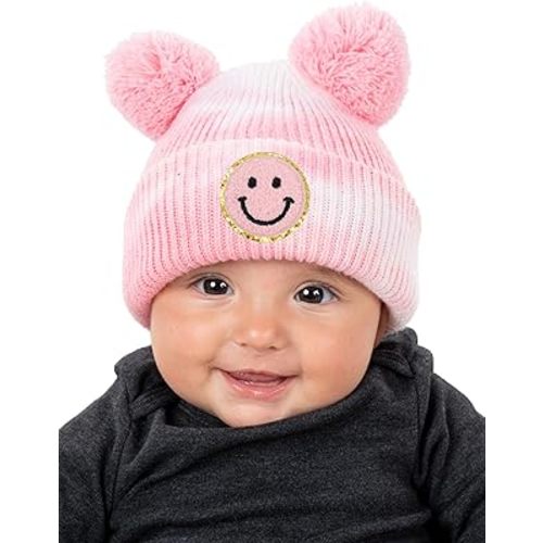 Funky Junque Infant Beanie Baby Girl Boy Tie Dye Winter Hats Double Pom Pom Smiley Face Cute Warm Caps