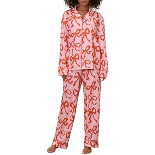 Argeousgor Women Christmas Pajamas Set Satin Silk Xmas 2 Piece Pjs Santa Claus Button Down Shirt Pants Lounge Sleepwear
