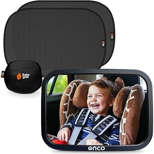 Onco Baby Car Mirror & Window Shades Bundle (18.9 12) - UPF 50+ Shade, 100% Shatter-Proof Mirror, Universal for Car Journeys