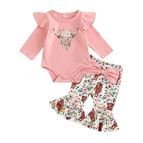 TheFound Western Baby Girl Clothes Ruffle Romper Cow Print Bell Bottoms Cowgirl Outfits for Girls Newborn Cute 2Pcs Set