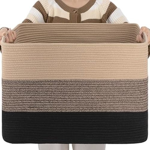 OIAHOMY 108L Large Cotton Rope Woven Rectangular Storage Basket - Handle, Organize Toys or Blankets - 25'x16'x16' - Yellow Black