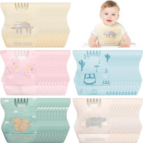 Shinymoon 100 Pcs Disposable Baby Bibs Individual Wrapped Travel Bibs Waterproof Food Catcher for Toddlers Girls Boys Feeding