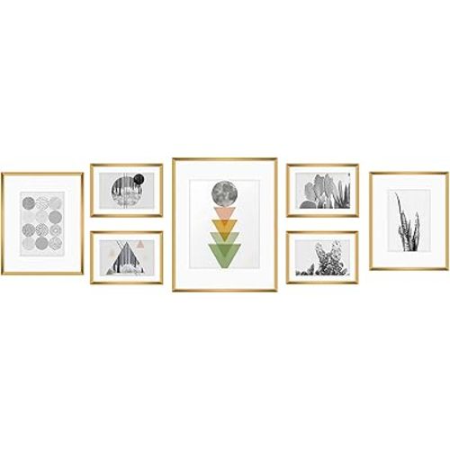 Golden State Art, Aluminum Gallery Wall Frame Set of 7 - Includes One 11x14, Two 8x10, and Four 5x7 - Metal Frames with Mat & Real Glass Cover for Elegant Home or Office Decor (Style 2, Bronze)