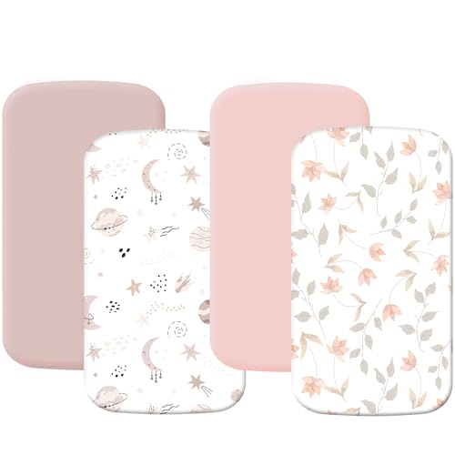 4 Pack Baby Bassinet Sheets 20" x 35" Compatible with Newton, Ezebaby, Angelbliss, AMKE(3 in 1) & Other Large Bedside Sleeper - Soft Breathable Bassinet Fitted Sheets for Girl - Light Pink & Star