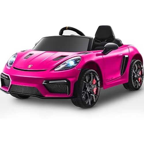 12V Ride on Car Licensed Porsche 718, Kids Electric Car with Remote Control, Front/Rear LED Light, Radio, USB/AUX, Openable Doors, Suspension Function, Durable Tires (Pink)