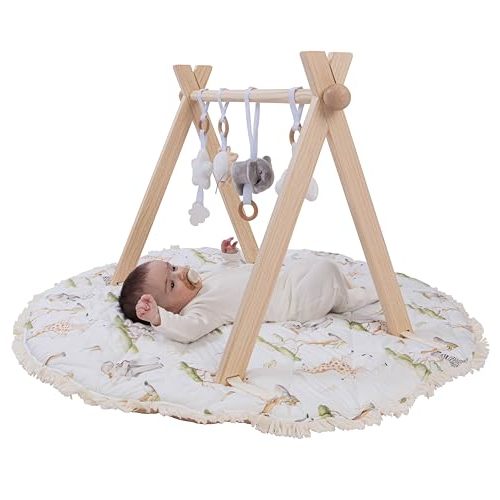 Butterfly + Bloom Montessori Wooden Baby Play Gym and Mat | Heirloom-Quality FSC Pine, Reversible Washable Mat, Includes Hanging Toys | Neutral Baby Activity Gym for Newborn to 6 Months