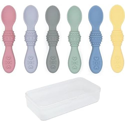 Elk and Friends Silicone Baby Spoons | Travel Case Included | First Stage Infant Toddler Spoon | Baby Led Weaning Stage | Dishwasher Safe