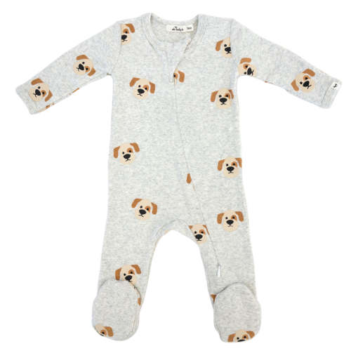 oh baby! Cotton Baby Rib Zipper Footie - Puppy Face Print - Heather Gr
