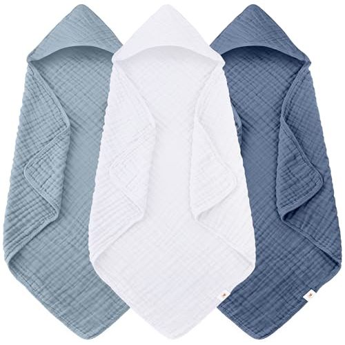 Sunny zzzZZ Muslin Hooded Baby Bath Towels - 3 Pack 100% Cotton Soft Low-Saturation Pastel Towels Including Classic White for Newborns, Infants, Toddlers - 32x32 Inch - Light Navy and White