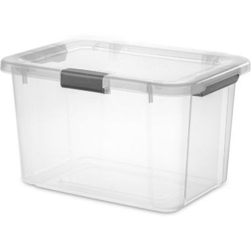 Sterilite 30qt Hinged Lid Latch Box: Plastic Storage Tote with Built-In Handles, Stackable, Universal Storage
