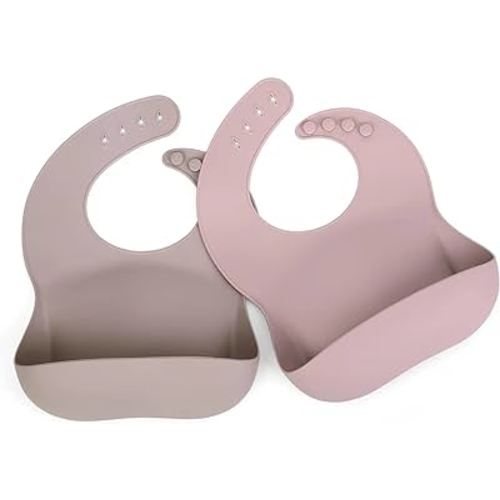 Ginbear Silicone Bibs for Babies, Waterproof Baby Feeding Bibs with Food Catcher Pocket, Adjustable Silicon Bibs for Toddlers (Argil/Pale Mauve)