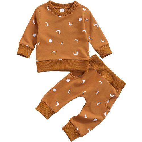 Ledy Champswiin 2pcs Winter Newborn Baby Boy Clothes Infant Dinosaur Print Outfit Ribbed Long Sleeve Tops Pants Set - 6-12 Months - Moon Print Brown