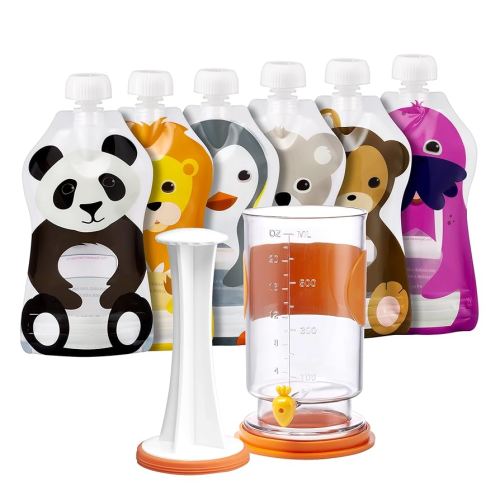 The Filling Station: Squooshi Food Pouch Filler + 6 Large 5 oz Reusable Pouches for Baby Food Puree Storage and Snack Food Pouches