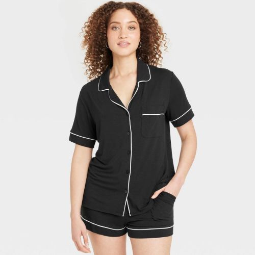 Women's Cloud Knit Short Sleeve Notch Collar Top and Shorts Pajama Set - Auden™ Black M: Modal-Spandex Blend, Elastic Waistband