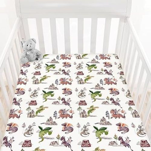HawSkgFub Watercolor Dragons Fairy Tale Fitted Standard Crib Sheet for Baby Boy, Animal Mountain Dragon Lover Toddler Mattress Cover, Soft Breathable Stretchy Nursery Bed Sheets Decor Gift 52" x 28"